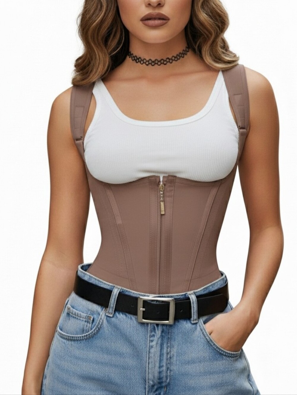 Waist Trainer Corset Tummy Control Body Shaper Vest Womens Size XXL Mocha Brown